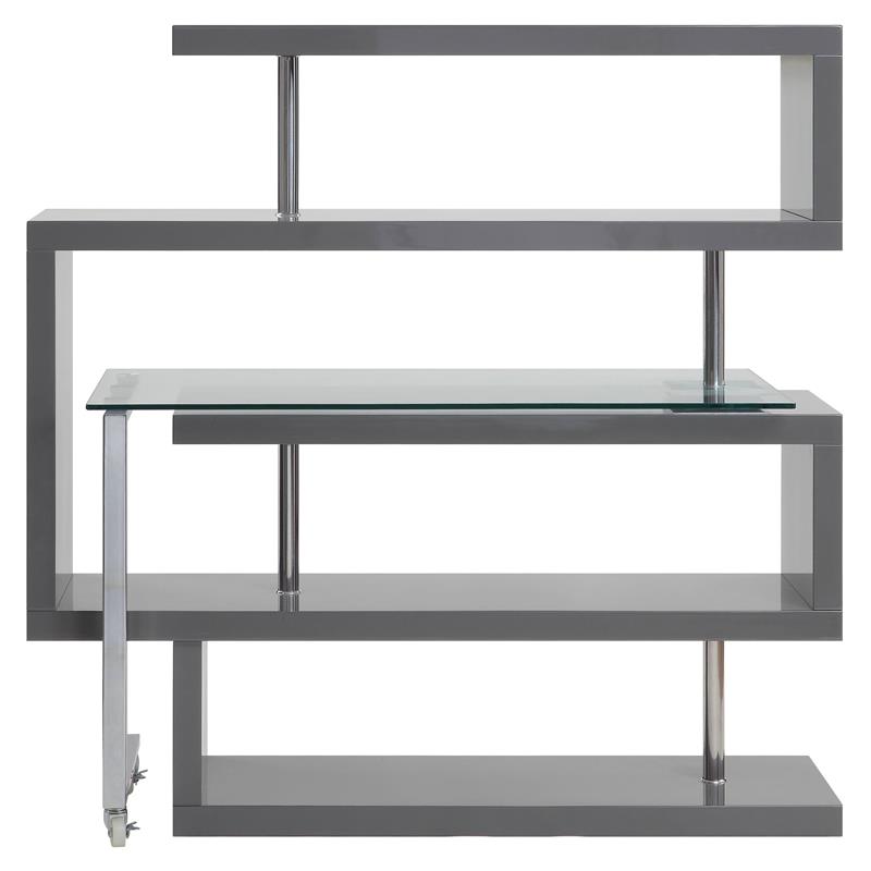 Bowery Hill Glass Top Writing Desk in Chrome and Gray High Gloss