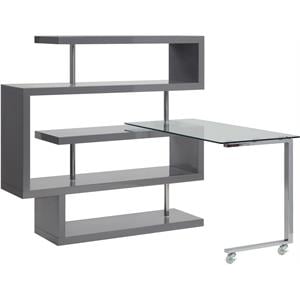 Bowery Hill Glass Top Writing Desk in Chrome and Gray High Gloss