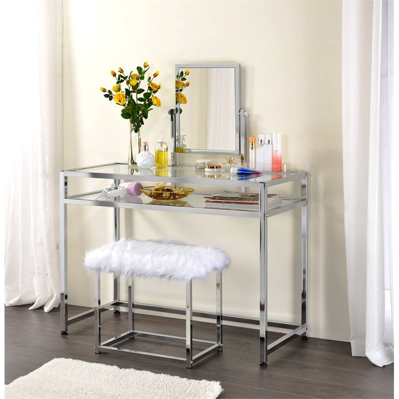 Bowery Hill Contemporary 3 Piece Metal Frame Vanity Set in Chrome