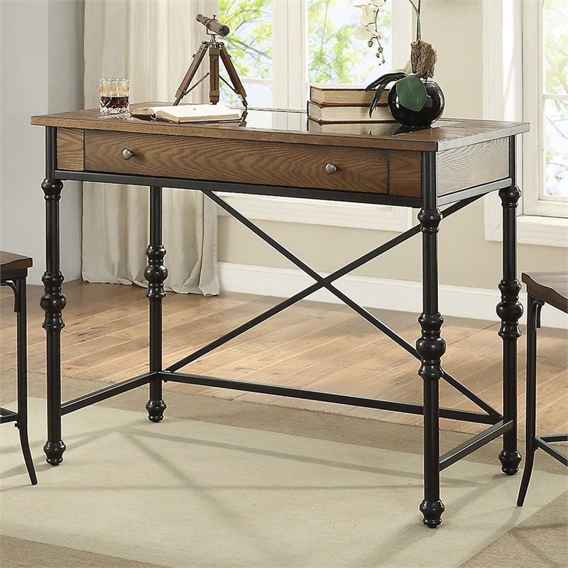 Bowery Hill 1-Drawer Glass Top Wooden Bar Table in Walnut and Black