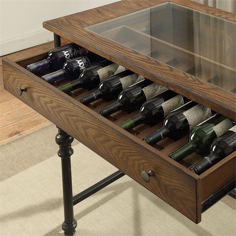 Bowery Hill 1-Drawer Glass Top Wooden Bar Table in Walnut and Black