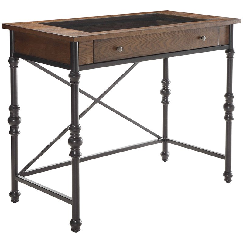 Bowery Hill 1-Drawer Glass Top Wooden Bar Table in Walnut and Black