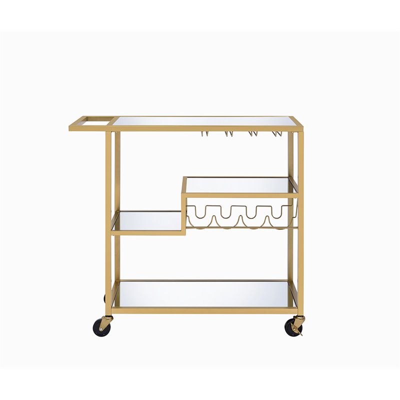 Bowery Hill Rectangular Glass Top Serving Cart with 3 Tiers in Gold