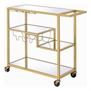 Bowery Hill Rectangular Glass Top Serving Cart with 3 Tiers in Gold