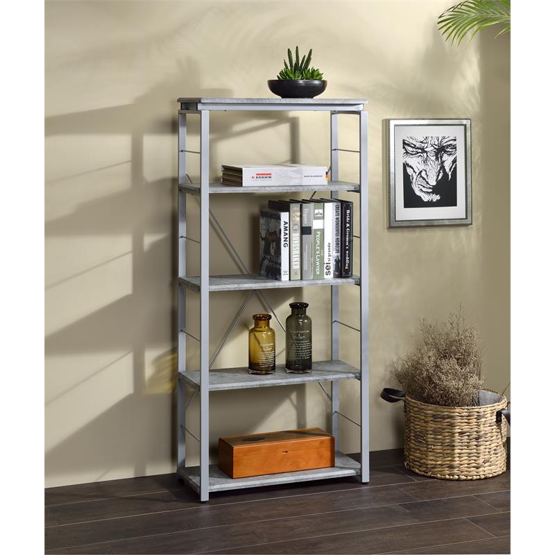 Bowery Hill 5 Wooden Tiers Rectangular Bookshelf in Gray and Silver