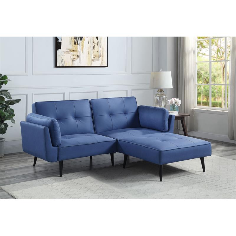 Bowery Hill Upholstered Adjustable Sofa with Ottoman in Blue Fabric