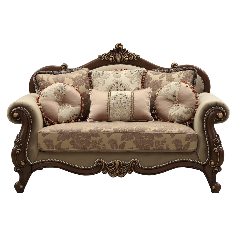 Bowery Hill Upholstery Rolled Arm Loveseat with Queen Leg in Walnut
