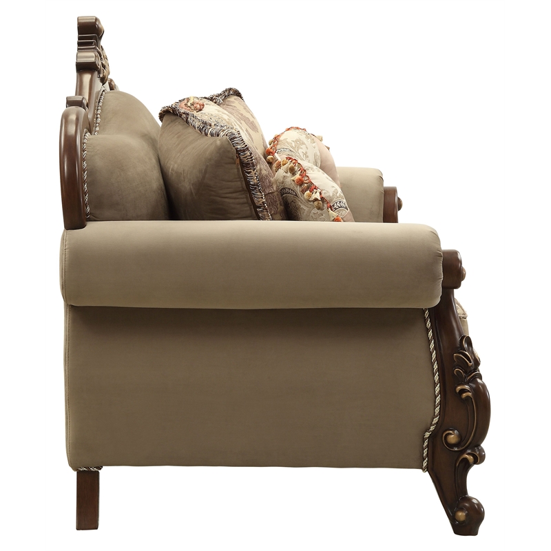 Bowery Hill Upholstery Rolled Arm Loveseat with Queen Leg in Walnut