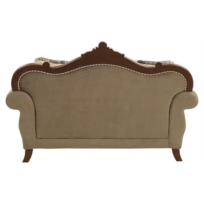 Bowery Hill Upholstery Rolled Arm Loveseat with Queen Leg in Walnut