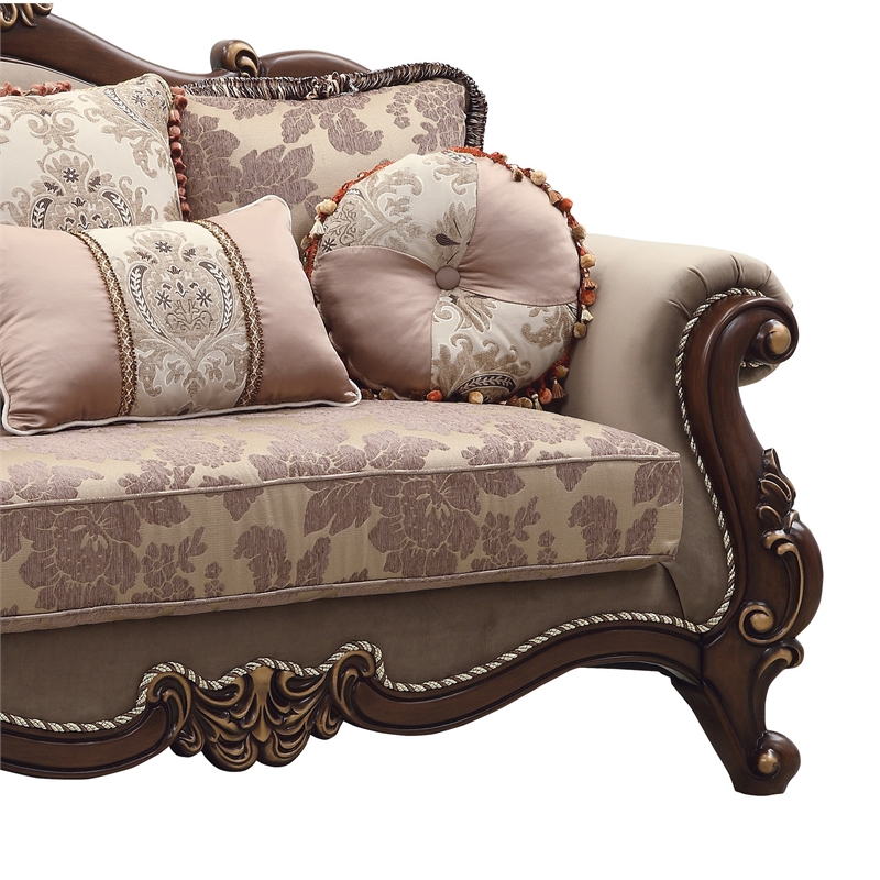 Bowery Hill Upholstery Rolled Arm Loveseat with Queen Leg in Walnut