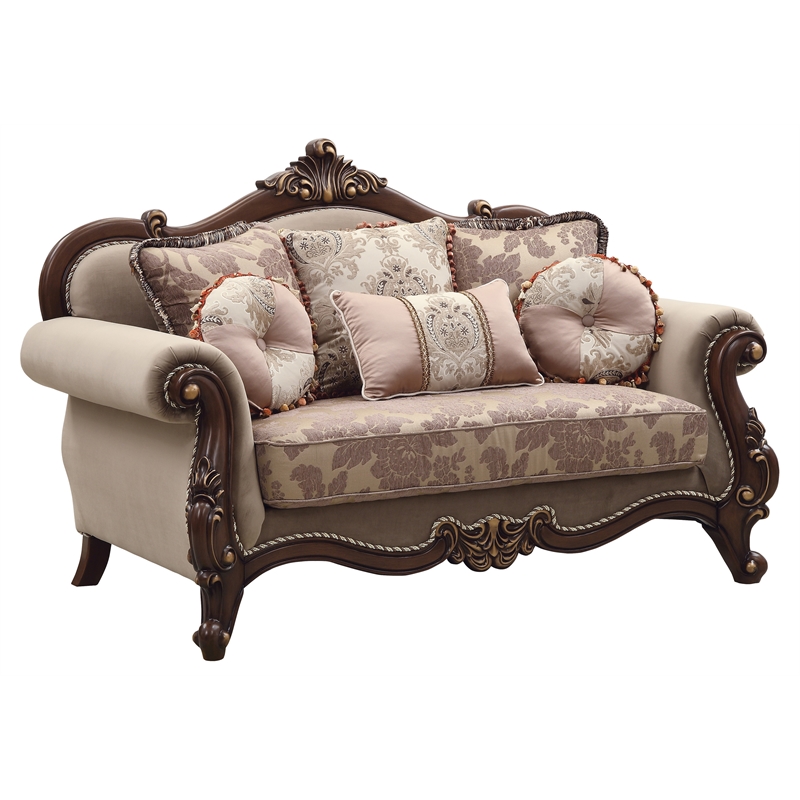 Bowery Hill Upholstery Rolled Arm Loveseat with Queen Leg in Walnut