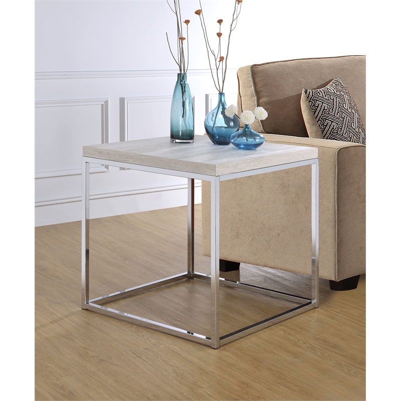 Bowery Hill Contemporary Square Wooden End Table in Chrome and White