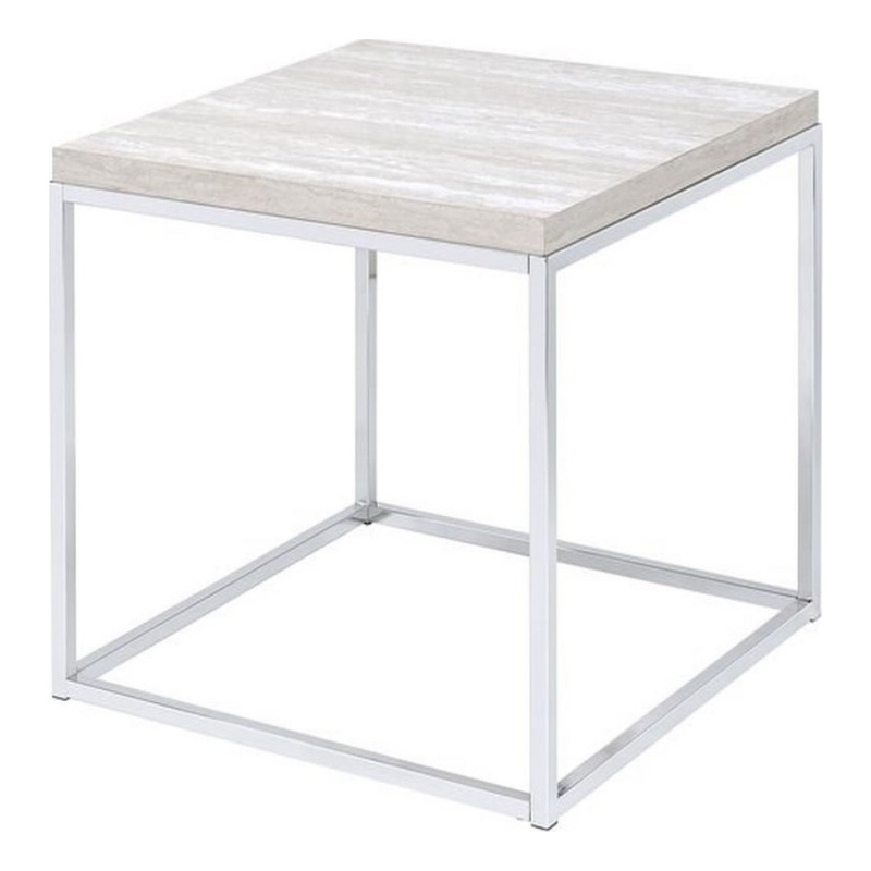 Bowery Hill Contemporary Square Wooden End Table in Chrome and White