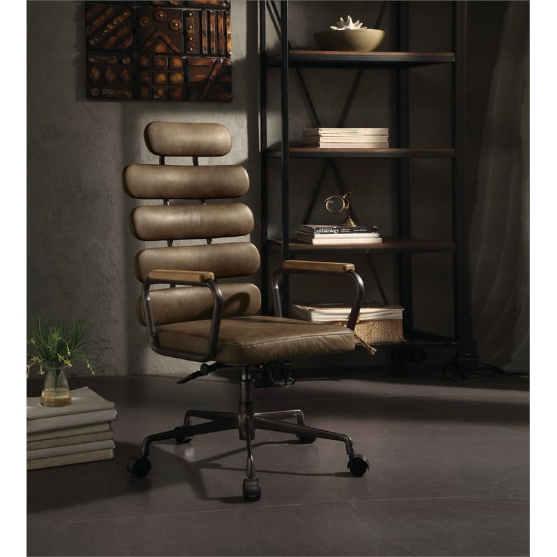 Bowery Hill Leather High Back Adjustable Swivel Office Chair in Brown