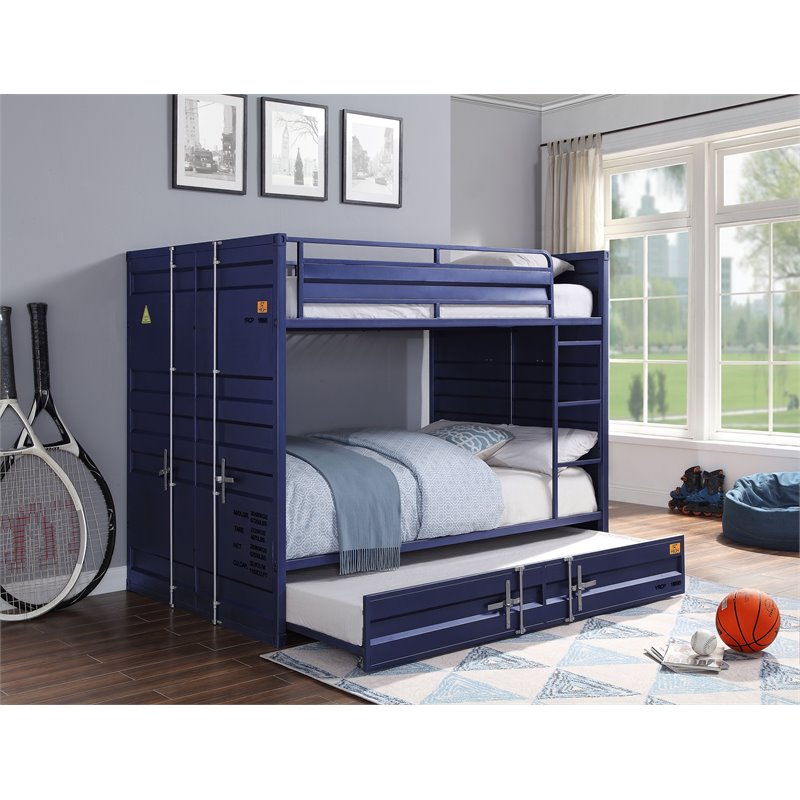 Bowery Hill Full over Full Bunk Bed with Built-In Ladder in Blue Metal