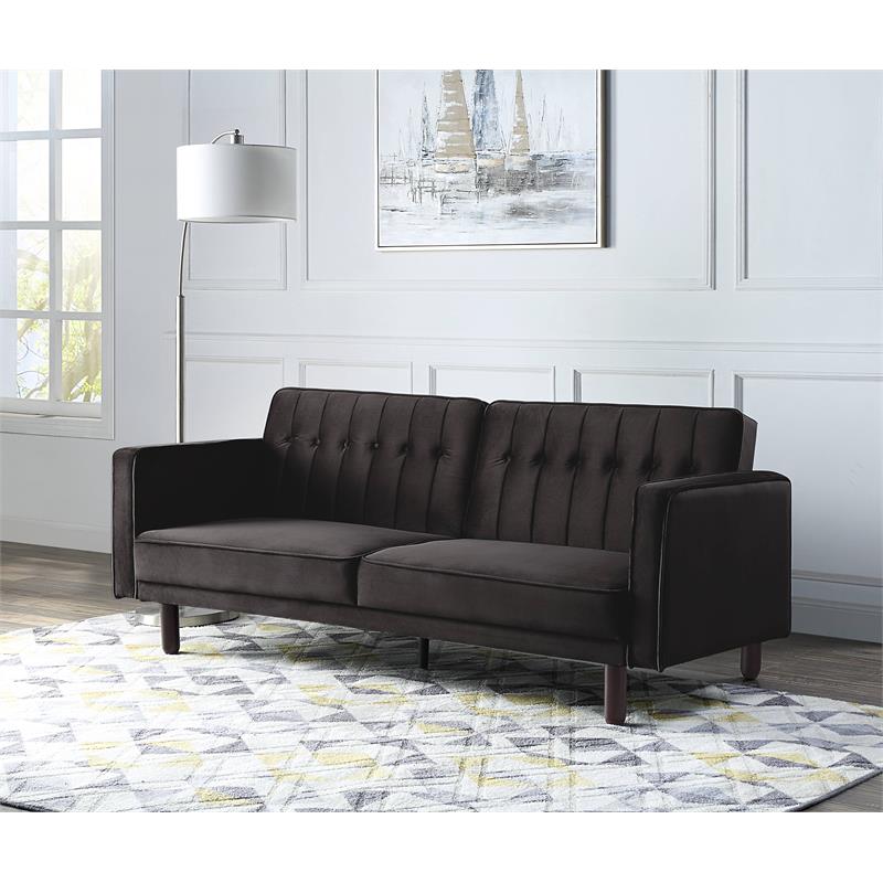 Bowery Hill Tufted Velvet Adjustable Sofa with Track Arm in Dark Brown