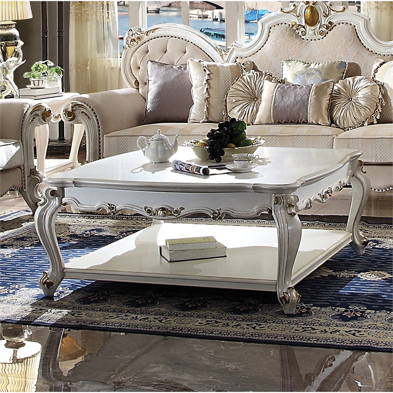 Bowery Hill Square Wooden Coffee Table with Bottom Shelf in Antique Pearl