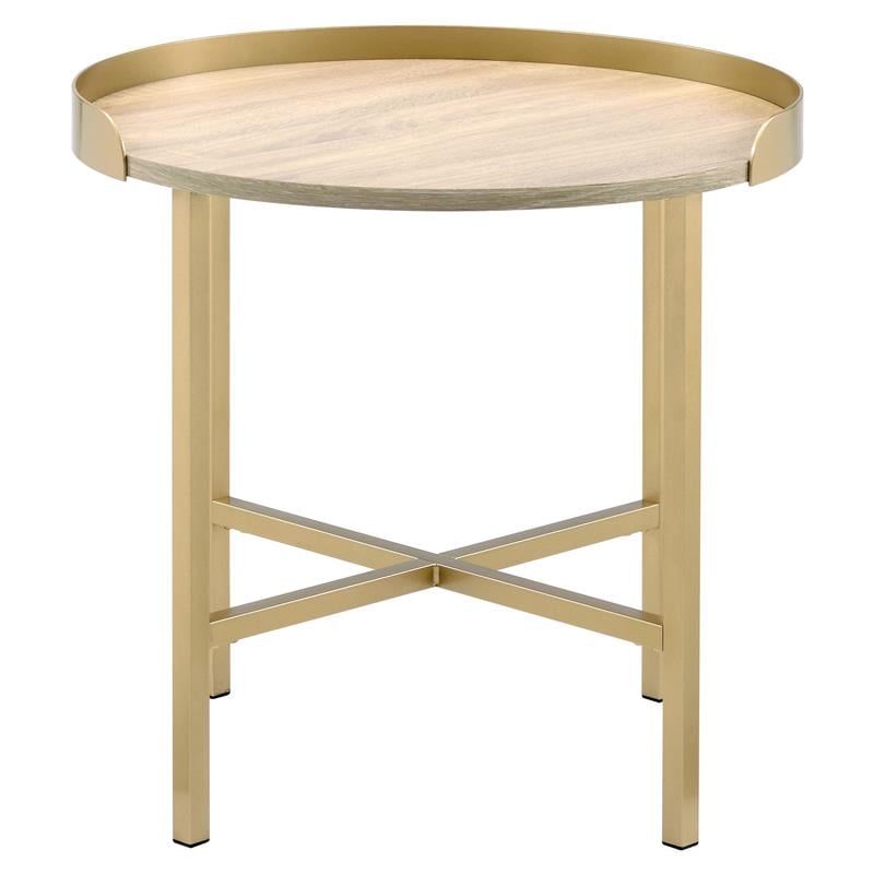Bowery Hill Round Wooden Top End Table with Cross Bar Base in Oak and Gold