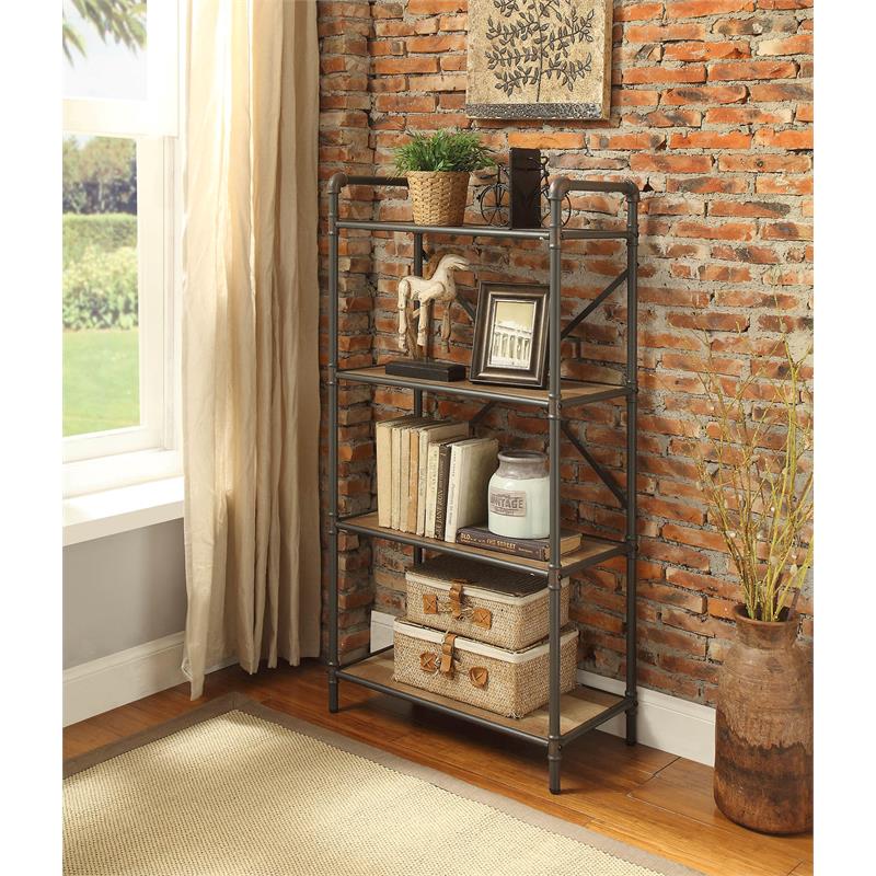 Bowery Hill 4 Wooden Tiers Rectangular Bookshelf in Antique Oak and Sandy Gray