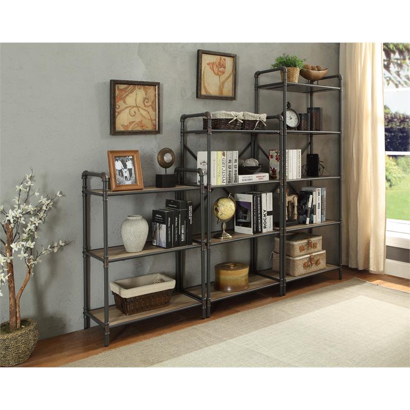 Bowery Hill 4 Wooden Tiers Rectangular Bookshelf in Antique Oak and Sandy Gray