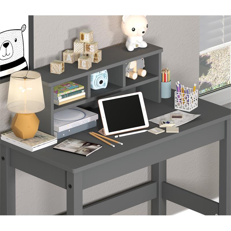 Bowery Hill Wooden Rectangular Writing Desk with Hutch and Cable Hole in Gray