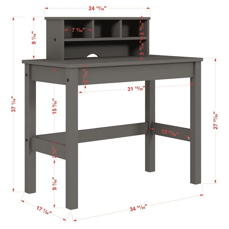 Bowery Hill Wooden Rectangular Writing Desk with Hutch and Cable Hole in Gray