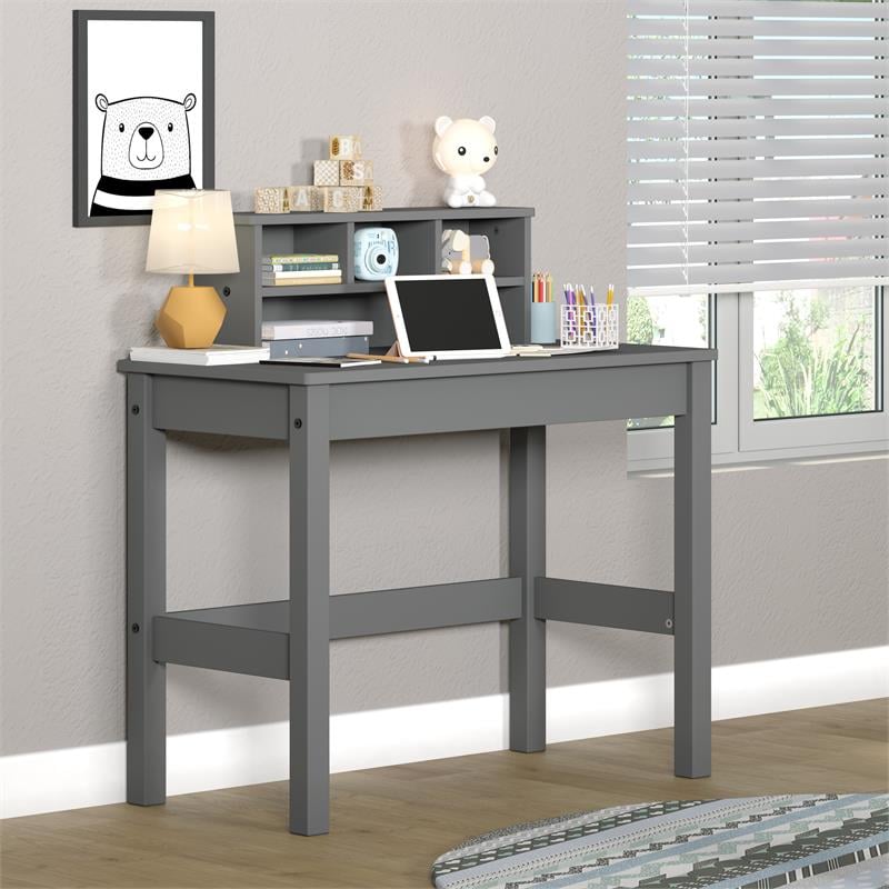 Bowery Hill Wooden Rectangular Writing Desk with Hutch and Cable Hole in Gray