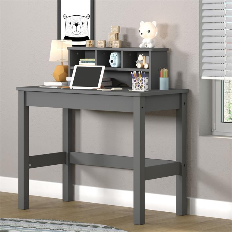 Bowery Hill Wooden Rectangular Writing Desk with Hutch and Cable Hole in Gray