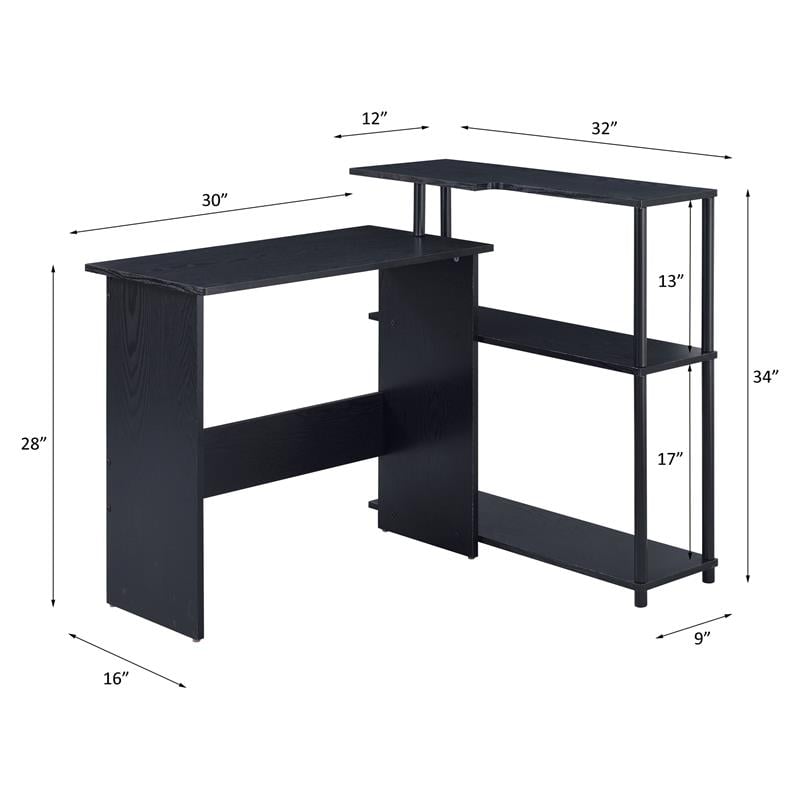Bowery Hill Wooden Top Writing Desk with Built-in Right Side Bookcase in Black