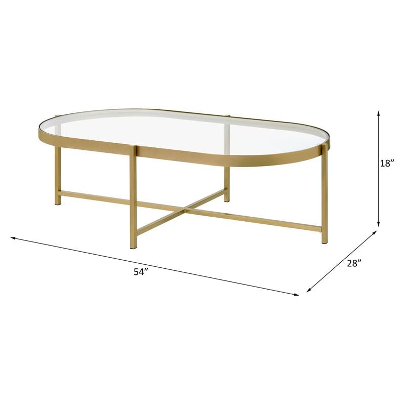 Bowery Hill Glass Top Coffee Table with Cross Bar Base in Clear Glass and Gold