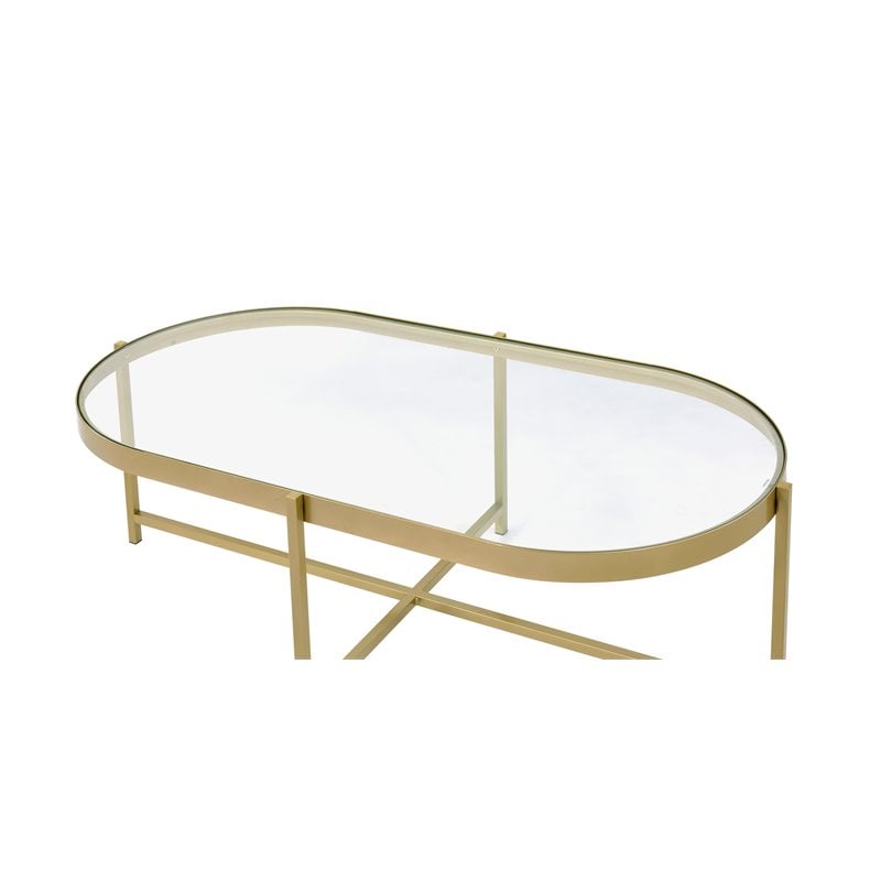 Bowery Hill Glass Top Coffee Table with Cross Bar Base in Clear Glass and Gold