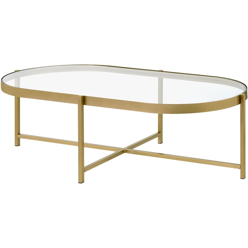Bowery Hill Glass Top Coffee Table with Cross Bar Base in Clear Glass and Gold