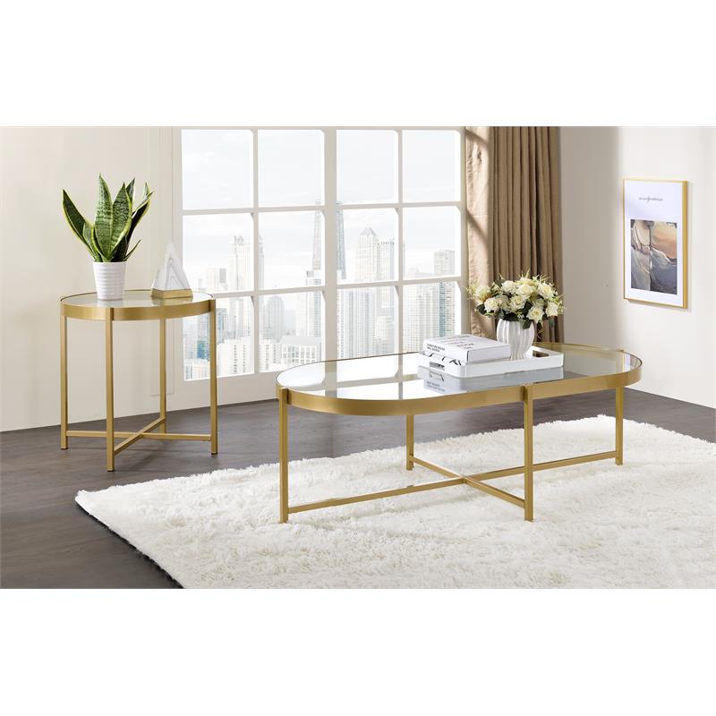 Bowery Hill Glass Top Coffee Table with Cross Bar Base in Clear Glass and Gold