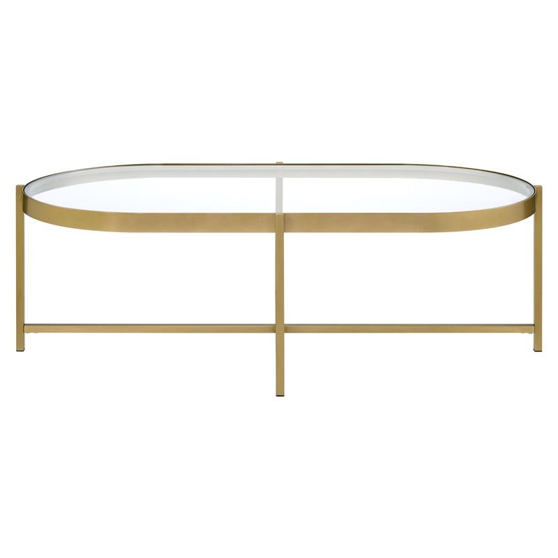 Bowery Hill Glass Top Coffee Table with Cross Bar Base in Clear Glass and Gold