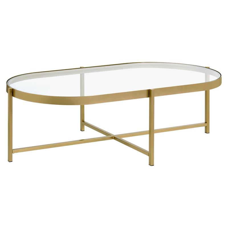 Bowery Hill Glass Top Coffee Table with Cross Bar Base in Clear Glass and Gold