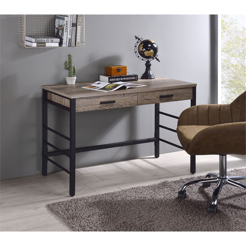 Bowery Hill Wooden Writing Desk with USB Port in Light Weathered Oak and Black