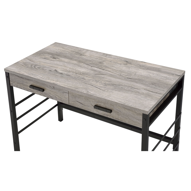 Bowery Hill Wooden Writing Desk with USB Port in Light Weathered Oak and Black