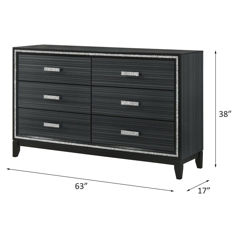 Bowery Hill 6 Drawers Wooden Dresser with Silver Accent Trim in Weathered Black
