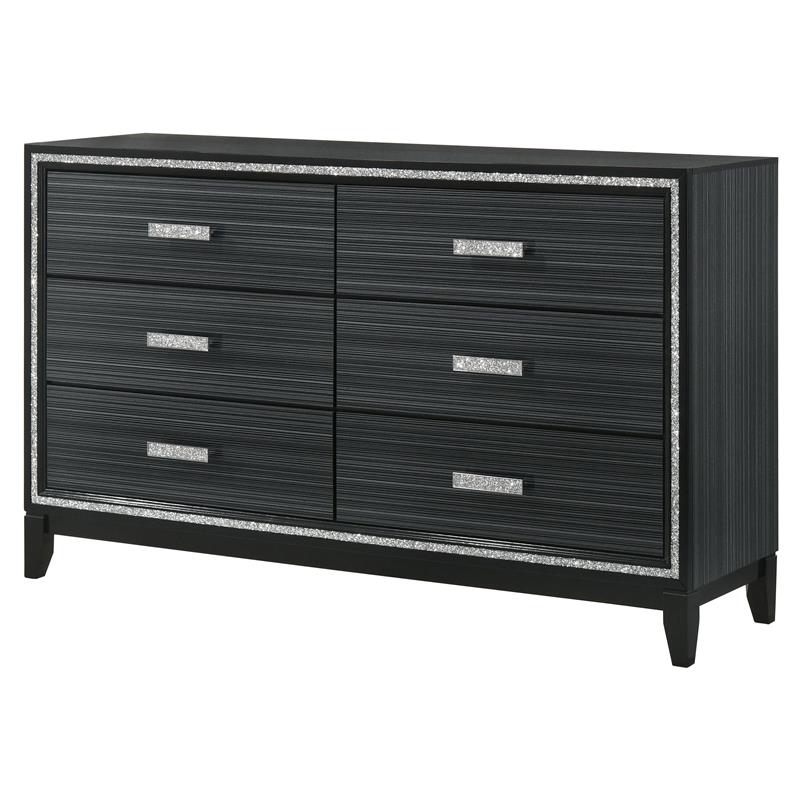 Bowery Hill 6 Drawers Wooden Dresser with Silver Accent Trim in Weathered Black