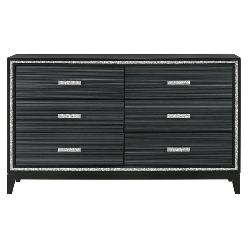 Bowery Hill 6 Drawers Wooden Dresser with Silver Accent Trim in Weathered Black