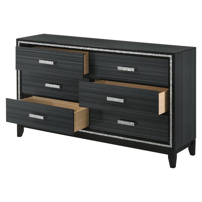 Bowery Hill 6 Drawers Wooden Dresser with Silver Accent Trim in Weathered Black