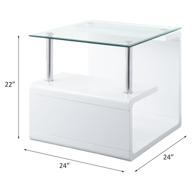 Bowery Hill Square Wooden End Table with Glass Top in Clear and White High Gloss
