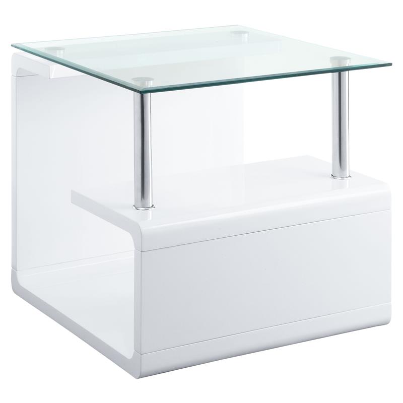 Bowery Hill Square Wooden End Table with Glass Top in Clear and White High Gloss