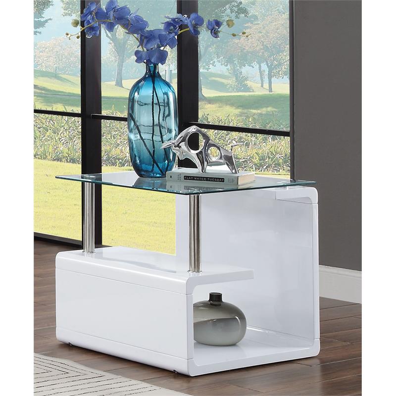 Bowery Hill Square Wooden End Table with Glass Top in Clear and White High Gloss