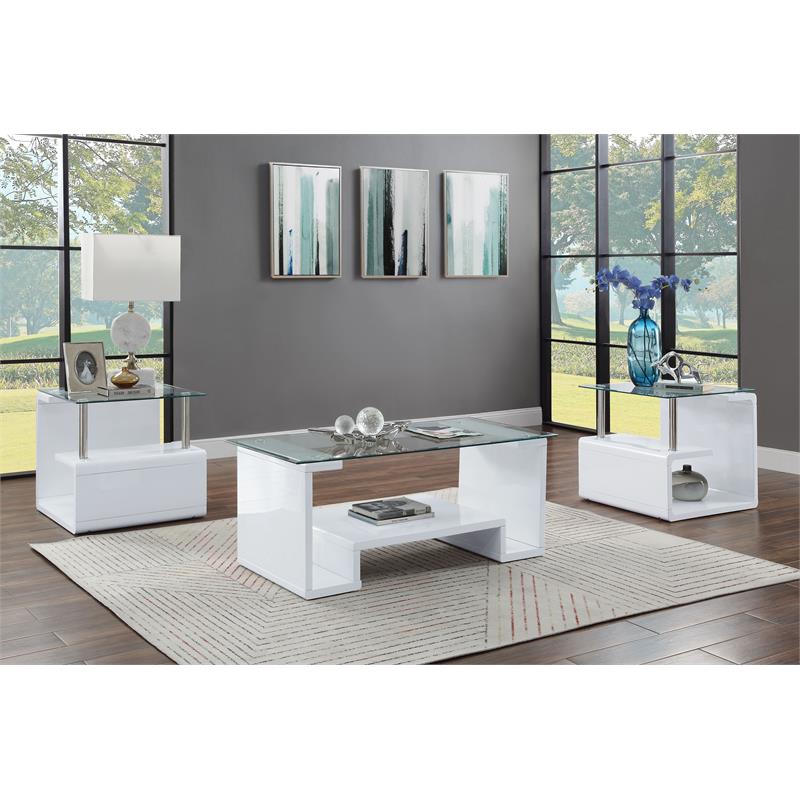 Bowery Hill Square Wooden End Table with Glass Top in Clear and White High Gloss