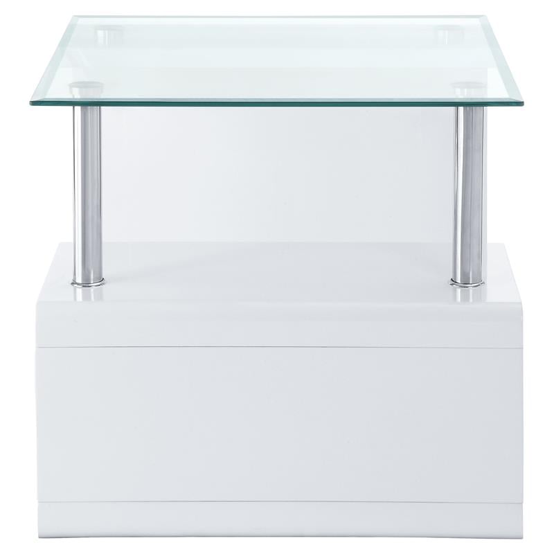 Bowery Hill Square Wooden End Table with Glass Top in Clear and White High Gloss