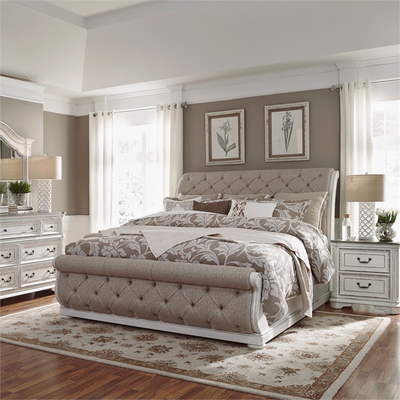 Bowery Hill Contemporary Queen Upholstered Sleigh Bed in White
