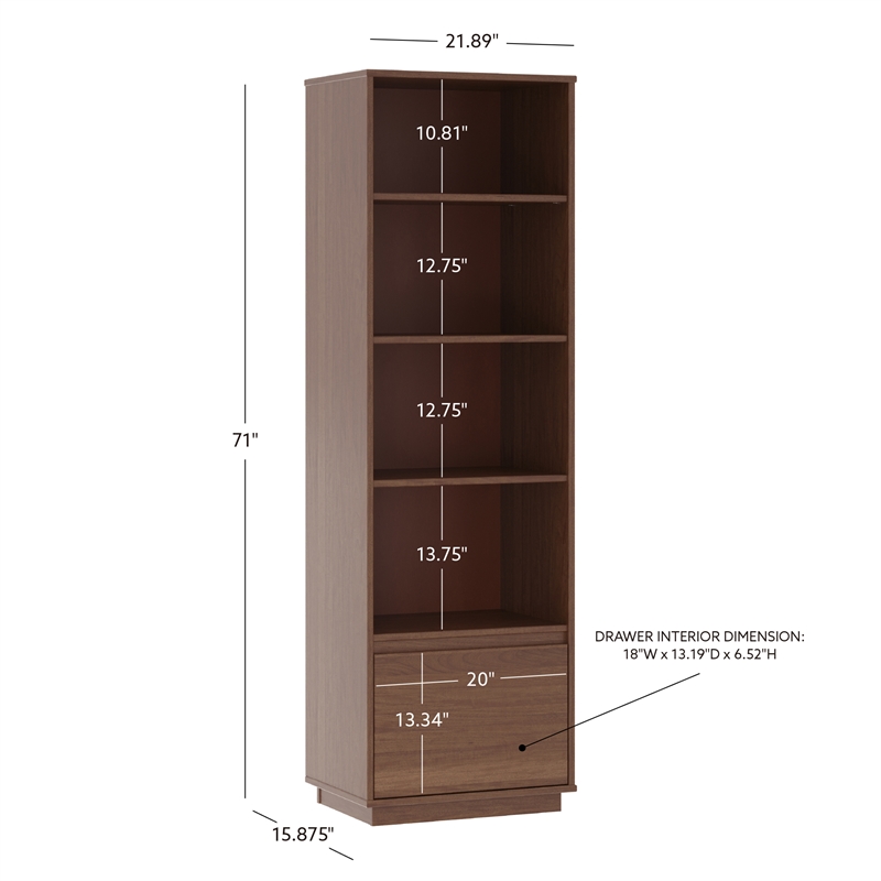 Bowery Hill Wood Mid Century Bookcase with One Drawer in Brown