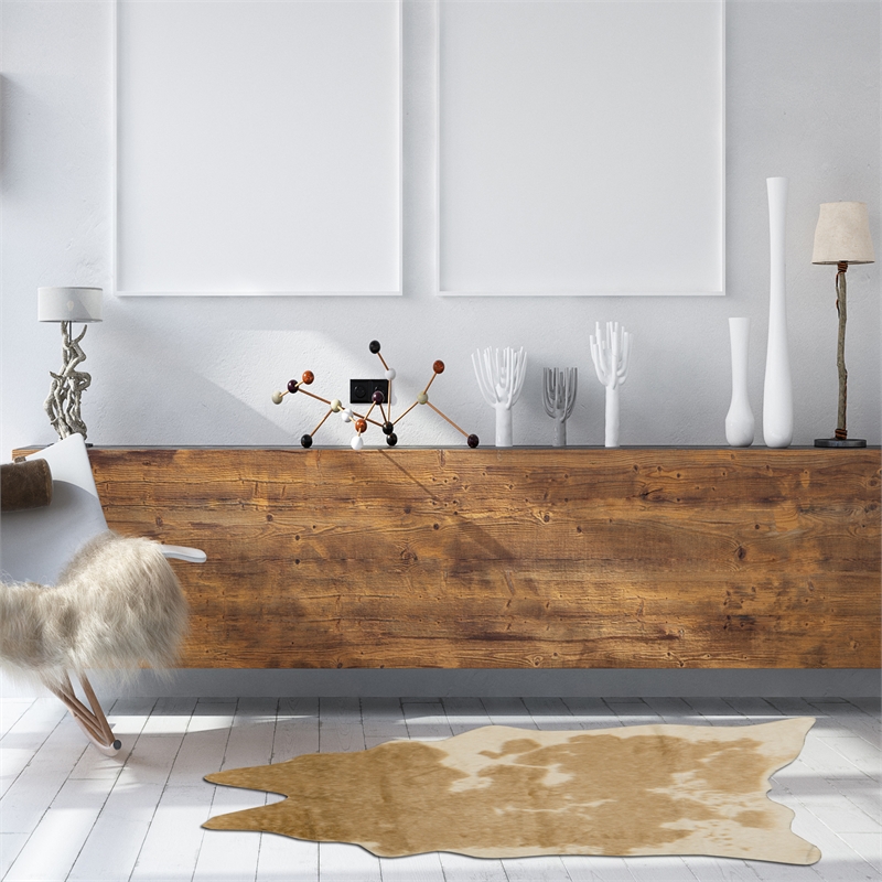 Bowery Hill Polyester Mini Cowhide Accent Rug in Caramel and Cream