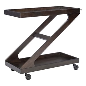 Bowery Hill Wood Z Shaped Rolling Bar Cart with Glass Top in Umber Stain